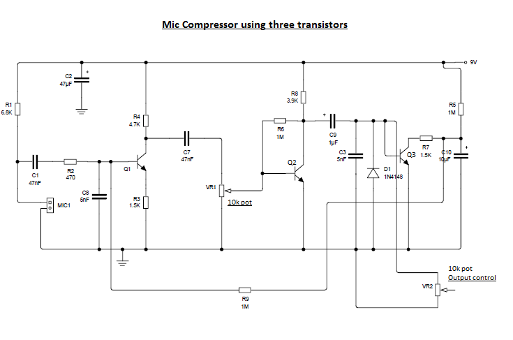Mic Compressor 3 Transistor Simple Mic Compressor using 3 Transistors for HF rigs